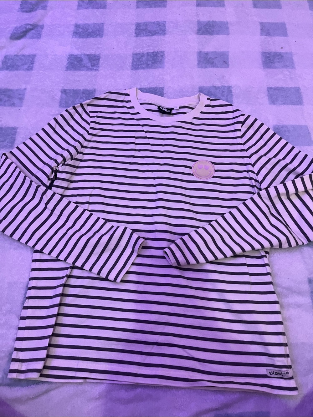 Striped Long-Sleeve Tee with Smiley Patch - White/Black
